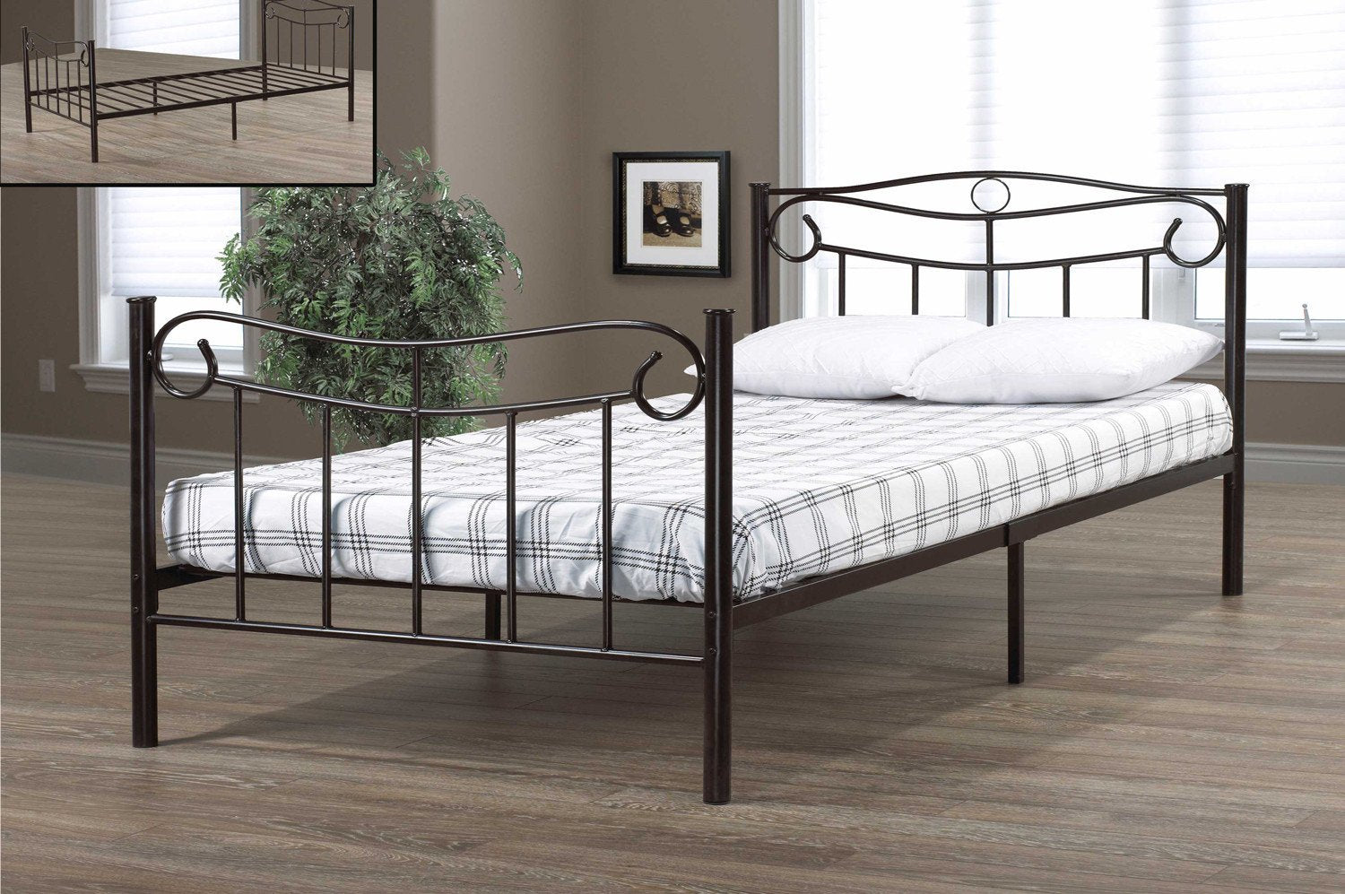 Stylish Black Metal Platform Bed with Elegant Cursive Design - Perfect for Modern Bedrooms, Guest Rooms & Dormitories