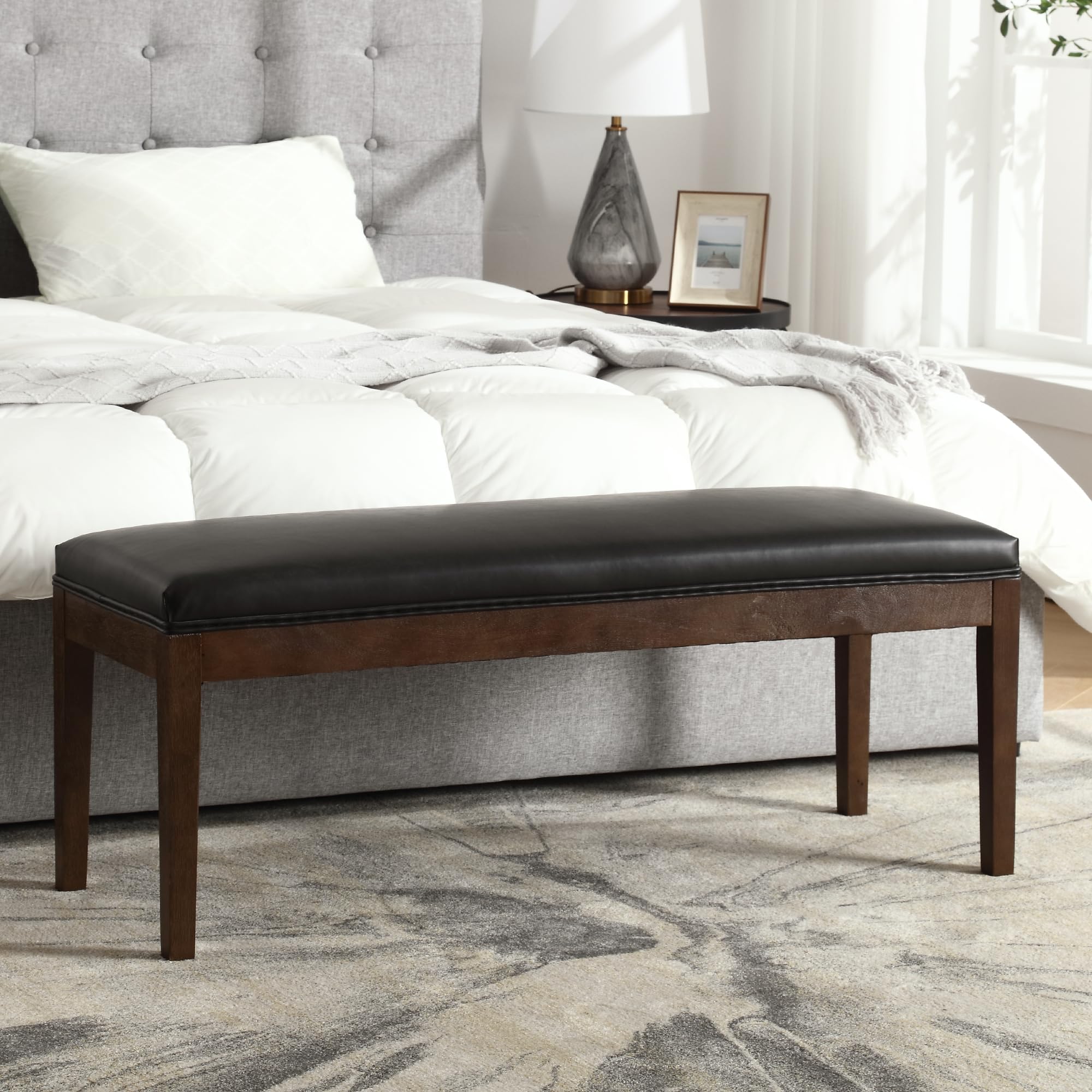 Modern Upholstered Entryway Bench with Wood Legs - PU Leather Shoe Bench for Hallway, Porch, Bedroom, Dining Room - Perfect for Entry Storage, Bed End Seating & Kitchen Window Decor (Black)