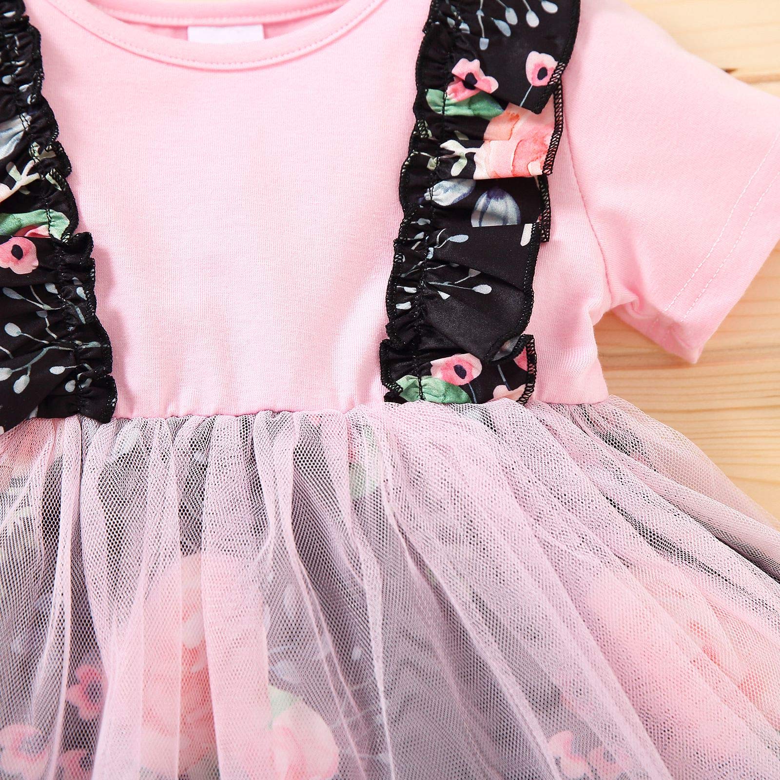 OhhGo Baby Toddler Girl Dress - Short Sleeve Ruffled Floral Mesh Dress with Headband | Cute Summer Outfit for Photoshoot, Birthday Party & Special Occasions