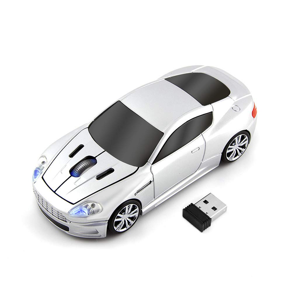 Wireless Mouse for PC & Laptop - Ergonomic Sports Car Design with LED Light (Silver) | Perfect for Gaming, Office Work & Home Use