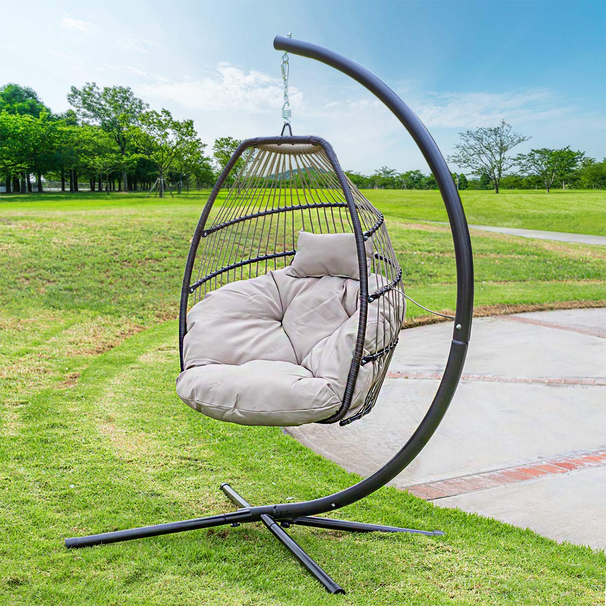 Premium Beige Egg Hanging Chair with Deep Cushion - Soft & Luxurious Indoor/Outdoor Swing Chair for Patio, Garden, Bedroom, or Nursery - Perfect for Relaxing, Reading, and Napping