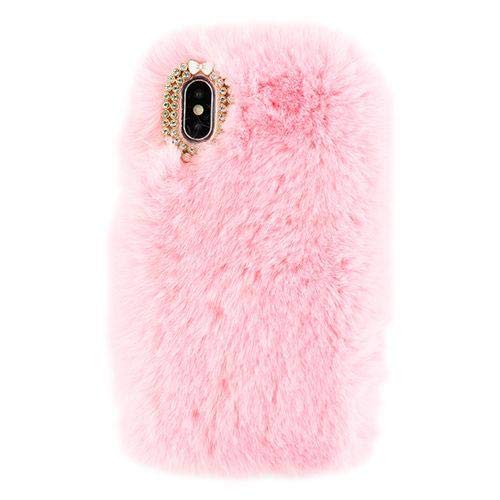 Soft Pink Fluffy Fur Case for iPhone X/XS - Cute Protective Cover with Free Pouch | Perfect for Girls, Teens & Fashion Lovers