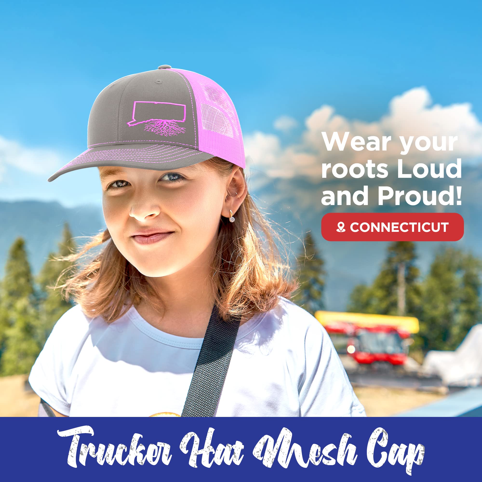 Connecticut Roots Snapback Hat - Stylish Unisex Baseball Cap with Mesh Back, Polyester Cotton Blend, Six-Panel Trucker Design, One Size Fits Most (Charcoal & Pink) - Perfect for Outdoor Activities, Sports Events & Casual Wear