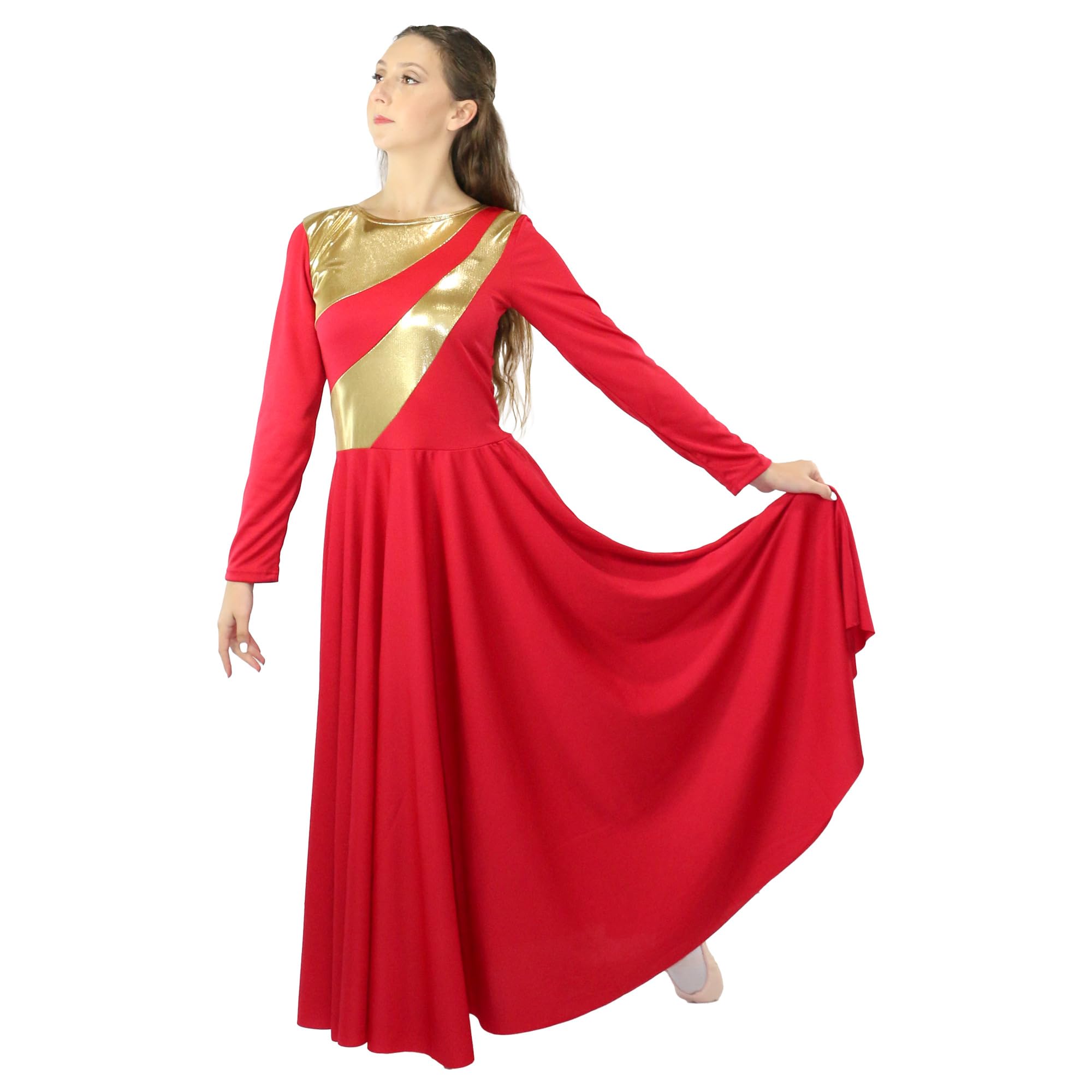Danzcue Women's Metallic Bicolor Praise Dance Dress - Full Length Worship Dance Dress for Church Performances and Spiritual Events