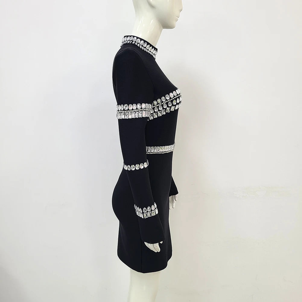 2023 New Winter Black Women's Long Sleeve Bodycon Mini Dress with Crystal Details - Elegant Bandage Party Dress for Evening Events, Night Out, Club Wear & Special Occasions