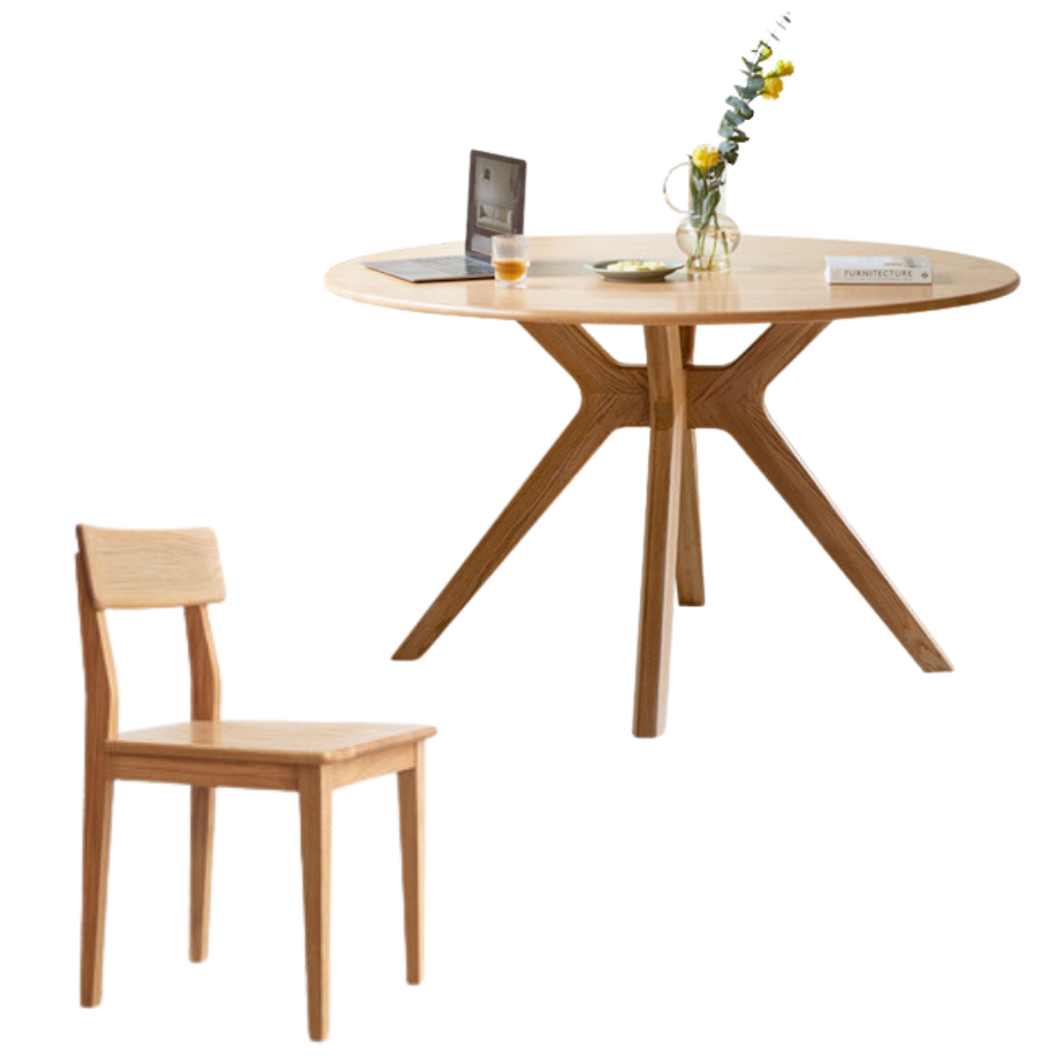 51.1x51.1x29.1 inch / 130x130x74.8 cm / Natural Wood Color / Dining table + four chairs