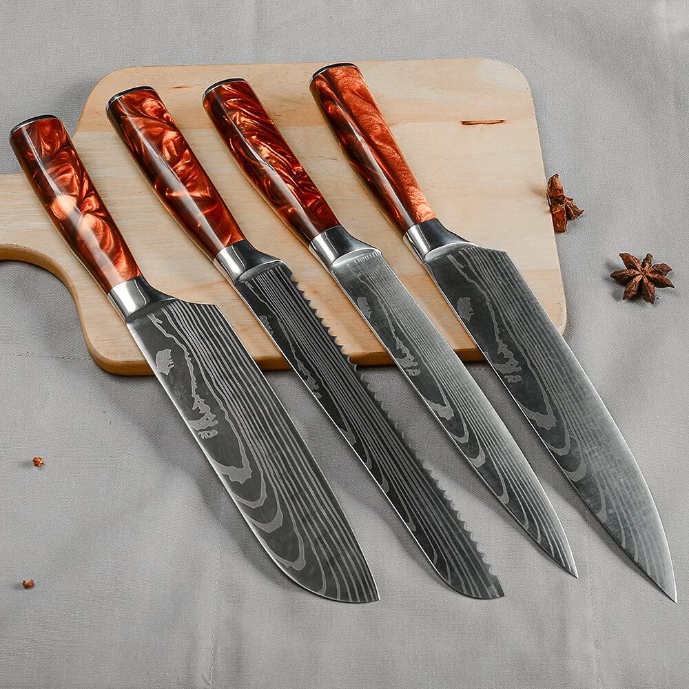 Professional Damascus Steel Knife Set - Japanese Chef Knives with Laser Pattern for Slicing, Bread, Santoku & Boning - High-Quality Stainless Steel Kitchen Knife Set for Cooking & Food Prep (Style A) - Perfect for Home Chefs & Professional Kitchens