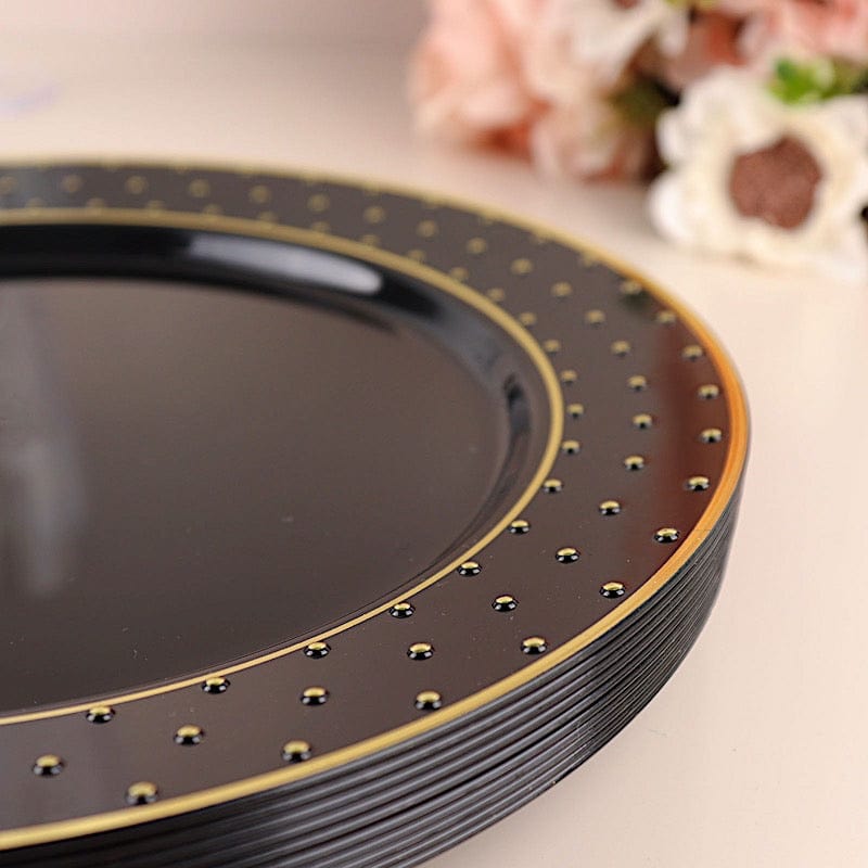 10 Pack Black Round Plastic Salad and Dinner Plates with Gold 3D Dotted Rim - Disposable Party Tableware for Weddings, Birthdays, and Events
