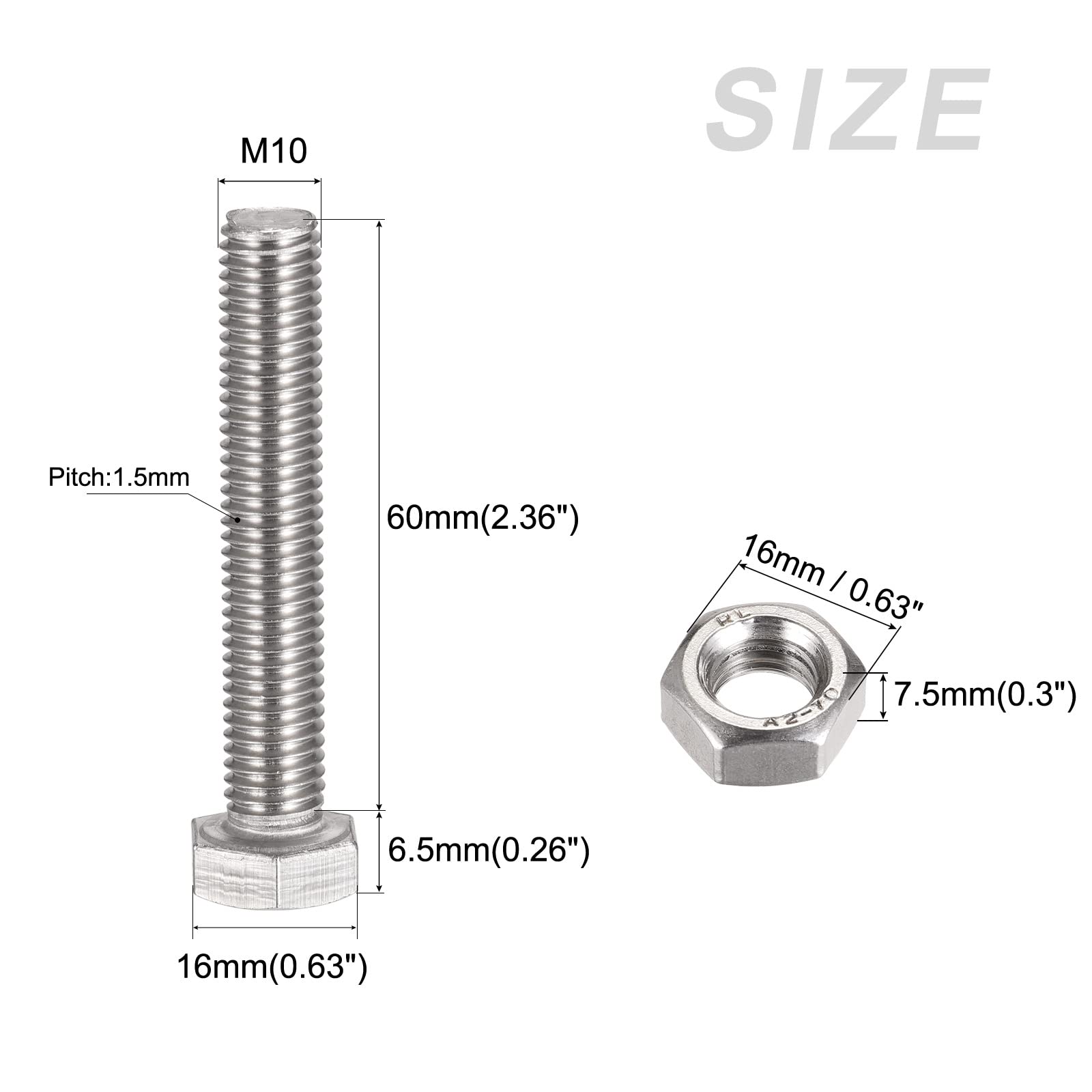 METALLIXITY M10x60mm Hex Screws Bolts Kit, 304 Stainless Steel - for Home Appliance Repair
