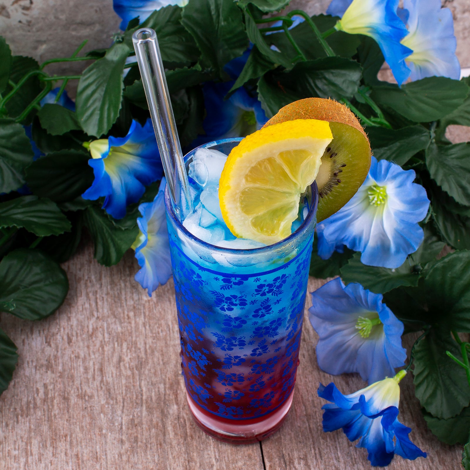 BarConic® Collins Glass - Blue Hibiscus Pattern 9.5 oz Cocktail Glass for Mojito, Iced Tea & Summer Drinks | Durable & Stylish Barware for Home & Parties