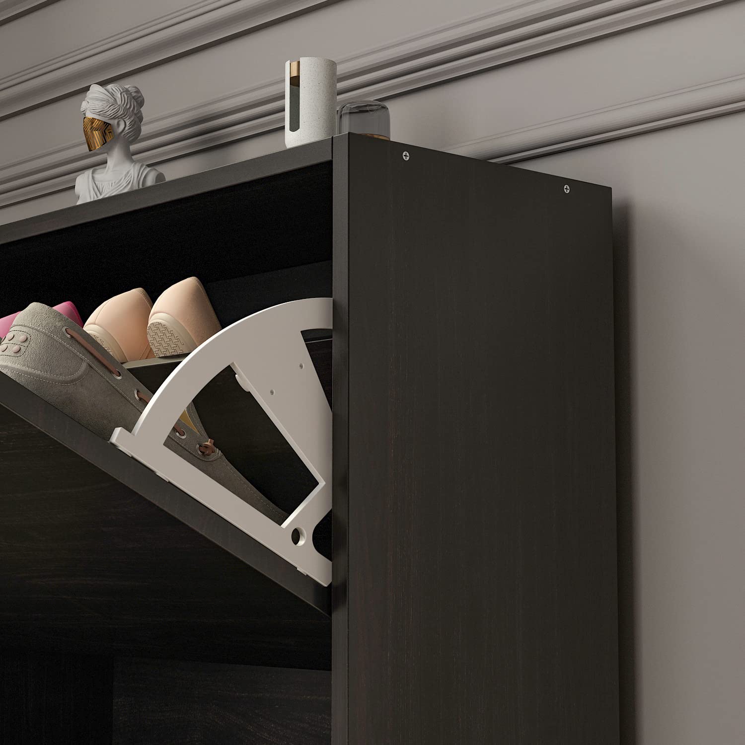 Hitow Narrow Shoe Storage Cabinet with 2 Flip Drawers & Adjustable Shelf - Freestanding Entryway Shoe Rack for Small Spaces - Black Brown (23.6