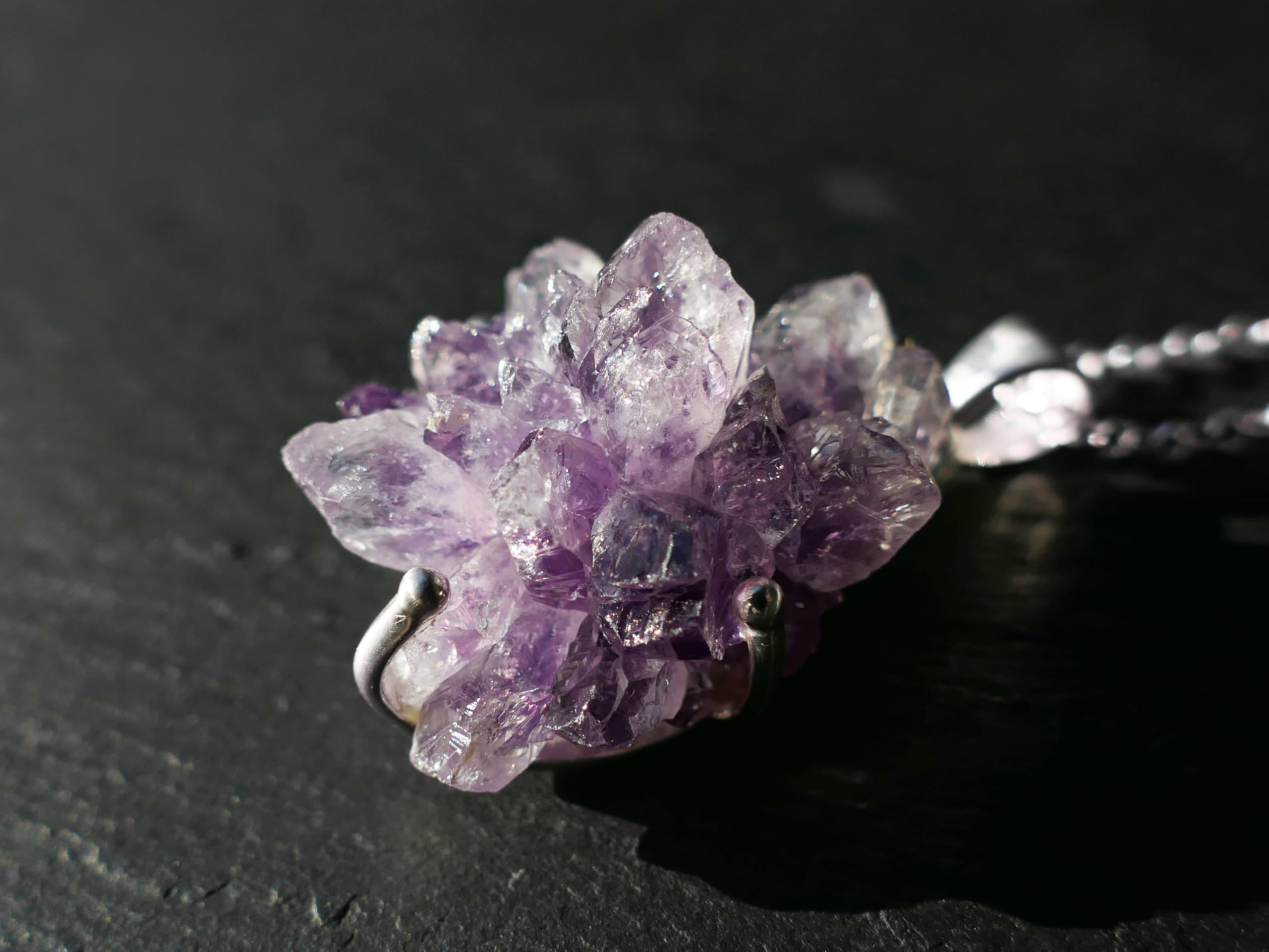 Large Amethyst Crystal Pendant Silver Necklace | Amethyst Flower Silver Jewelry | February Birthstone Gift for Women & Men | Layering Necklace for Everyday Wear & Special Occasions
