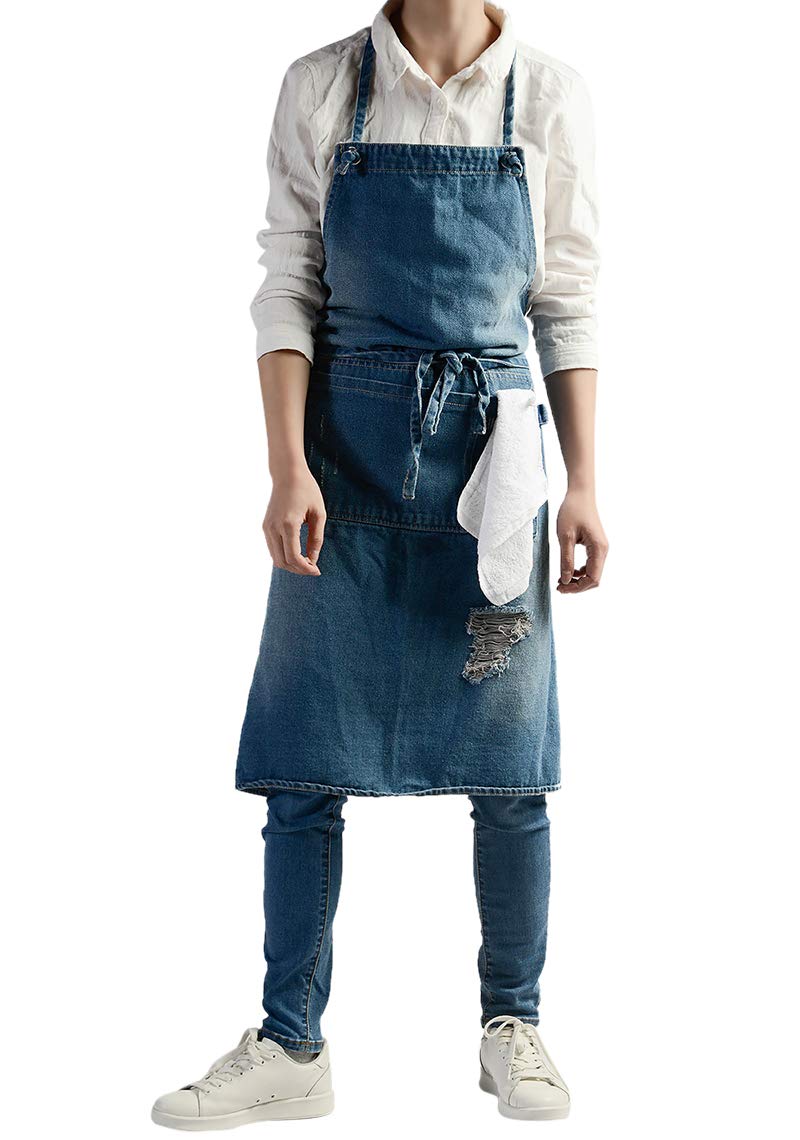 Premium Cotton Denim Kitchen Apron for Cooking & Gardening - Adjustable Ripped Design with Pockets for Men & Women - Ideal for BBQ, Baking, Grilling & Outdoor Activities