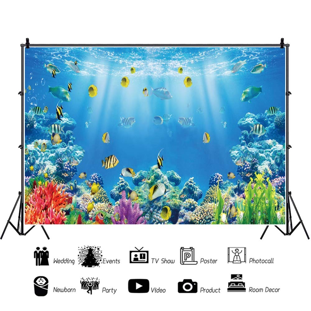 10x8ft Polyester Underwater Ocean Backdrop - Coral Sea Aquarium Photography Background for Baby Shower, 1st Birthday Cake Smash, Newborn Photo Props, YouTube Videos & Underwater Wonderland Theme Decor