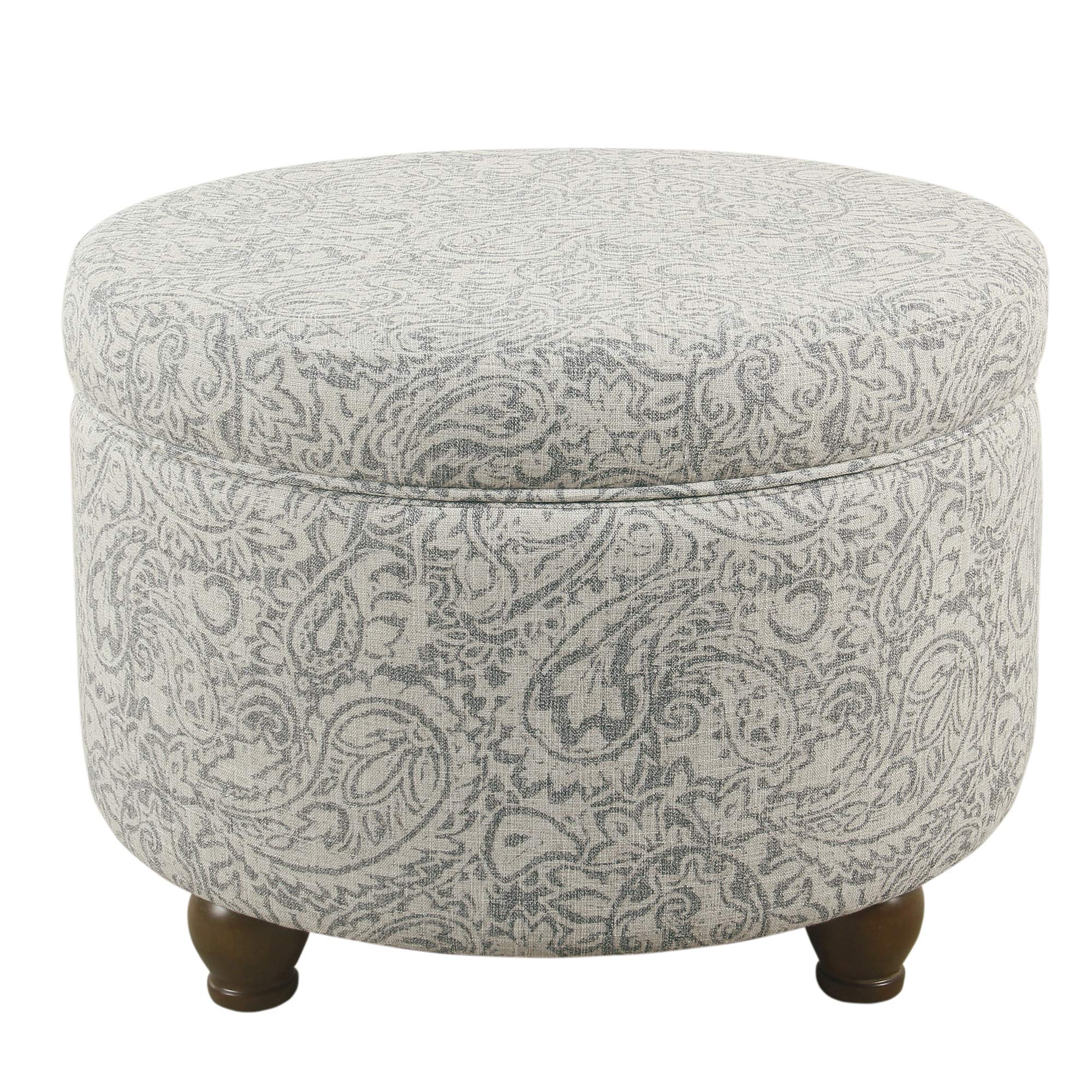 Homepop Round Upholstered Storage Ottoman - Gray Floral Fabric Footrest with Hidden Storage for Living Room & Bedroom | Perfect for Extra Seating & Home Organization