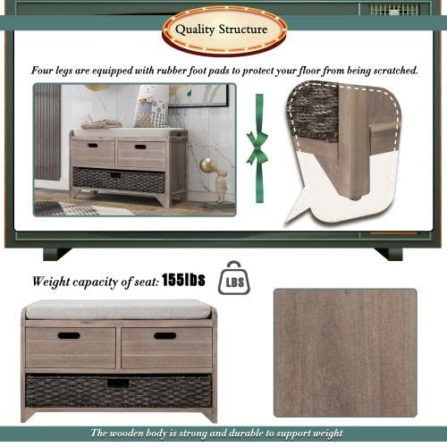 Entryway Bench with Removable Rattan Basket & 2 Drawers - Fully Assembled Shoe Storage Bench with Cushion for Hallway, Living Room, Bedroom - Perfect for Organizing Shoes, Hats & Home Decor