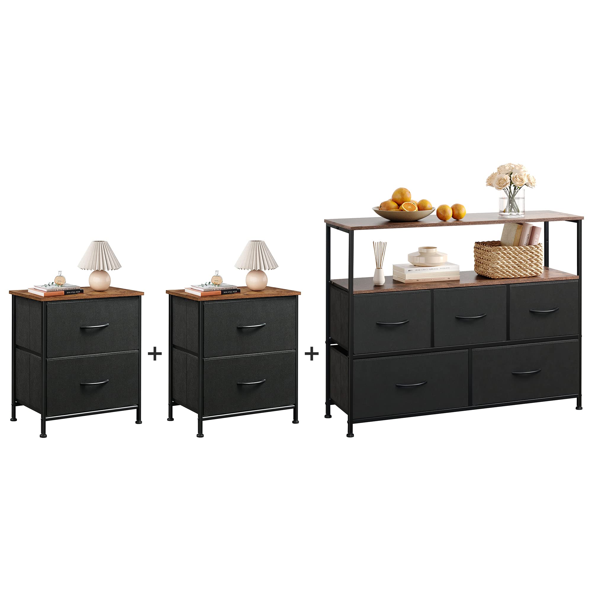 WLIVE 2-Drawer Nightstand and 5-Drawer Dresser Set - Fabric Storage Tower Organizer with Textured Print Bins & Steel Frame for Bedroom, Hallway, Nursery, Closet | Space-Saving Storage Solution for Small Apartments & Dorm Rooms