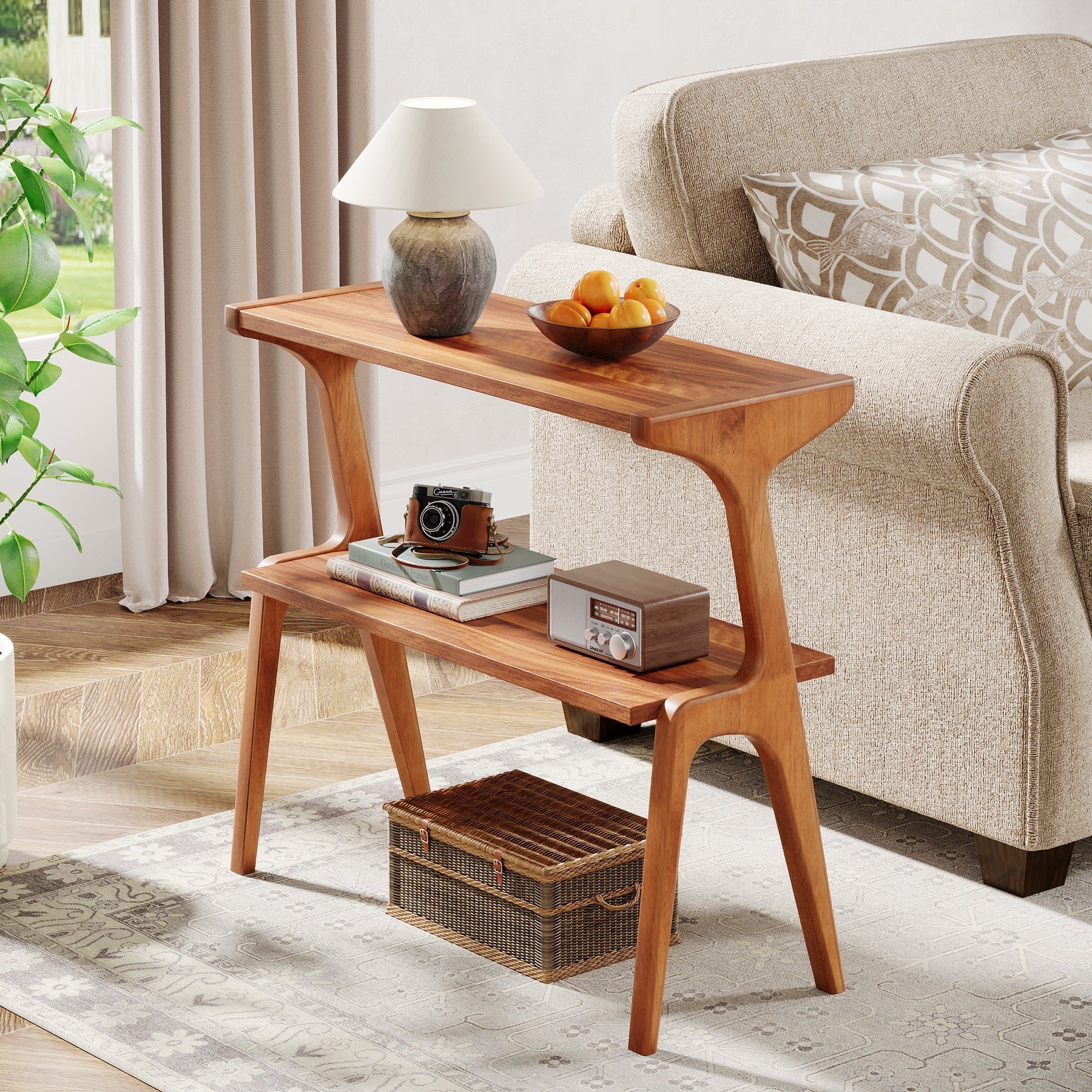 Solid Wood End Table with Storage Shelf - 2 Tier Sofa Side Table for Living Room, Bedroom & Office - Rustic Home Decor & Functional Furniture