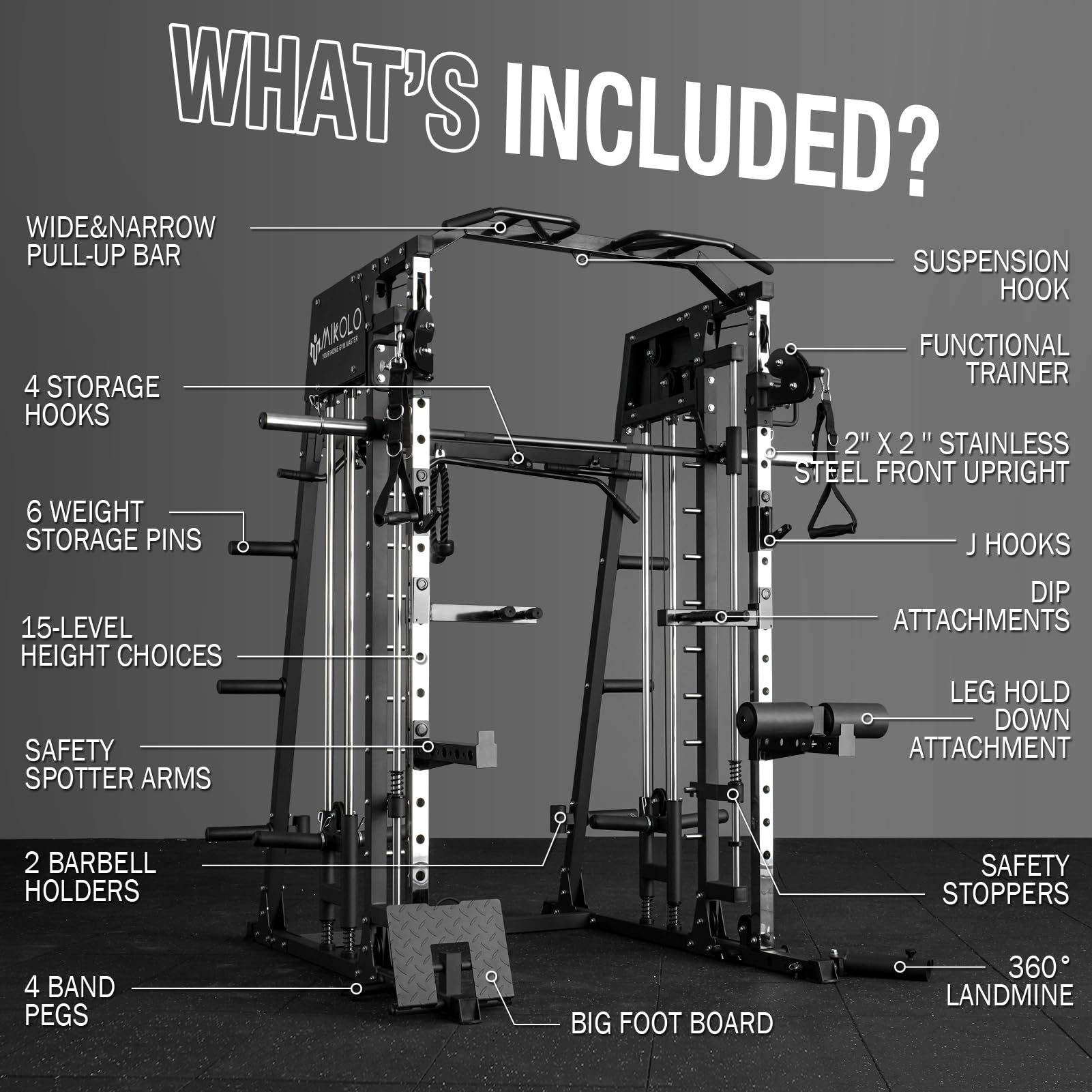 Mikolo Smith Machine - 2200lbs Capacity Squat Rack with LAT Pulldown & Cable Crossover System, Full-Body Gym Equipment with Leg Hold-Down Attachment for Home & Commercial Strength Training
