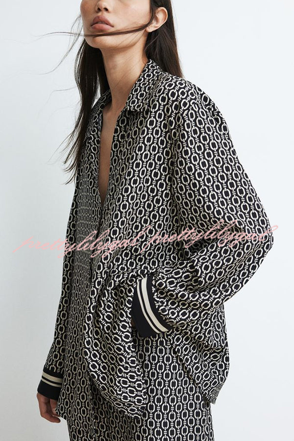 Stylish Printed Lapel Long Sleeve Blouse with Elastic Waist Casual Pants Set - Women's Loose Fit Wide Leg Trousers & Pocket Details for Office, Travel and Everyday Wear