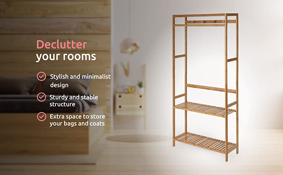 Bamboo Nara Multi-Functional Clothes Rack - Space Saving Wardrobe Organizer for Bedroom, Closet & Laundry Room - Perfect for Hanging Clothes, Towels & Accessories