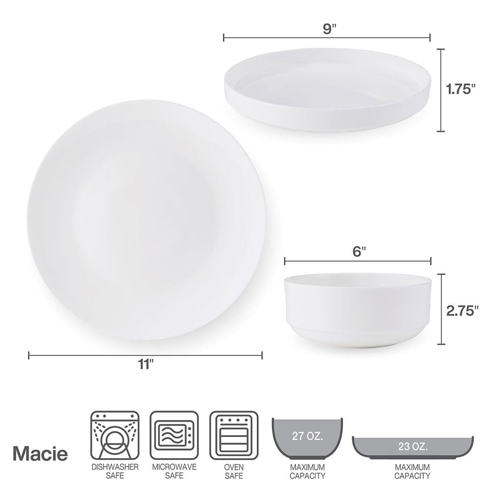 Macie 12-Piece Dinnerware Set - Service for 4 People - Elegant Porcelain Plates, Bowls & Mugs - Perfect for Family Dinners, Entertaining Guests & Daily Use