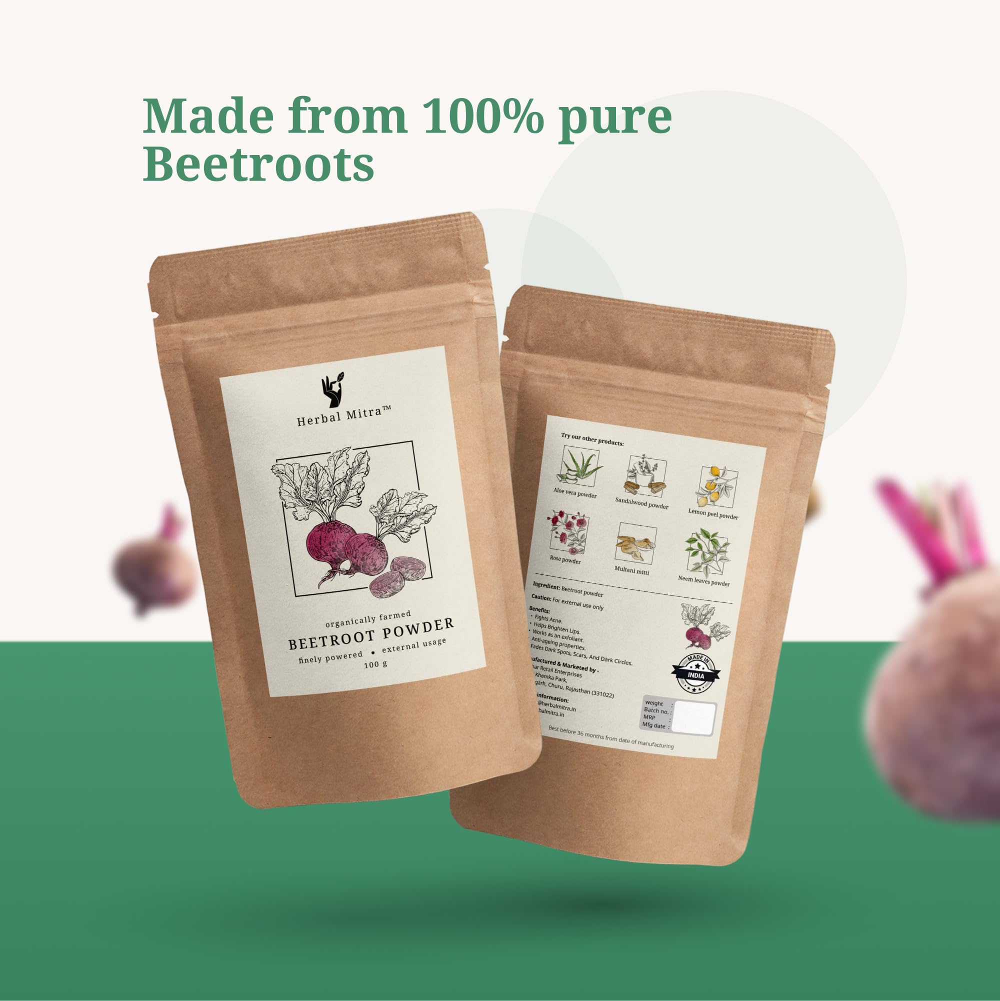 Herbal Mitra 100% Pure Beetroot Powder (200g) - Natural Skin Brightening, Glowing Face Pack for Healthy Pinkish Skin & Rosy Cheeks | Sulfate-Free, Paraben-Free | Perfect for DIY Face Masks & Natural Beauty Routines for Men & Women