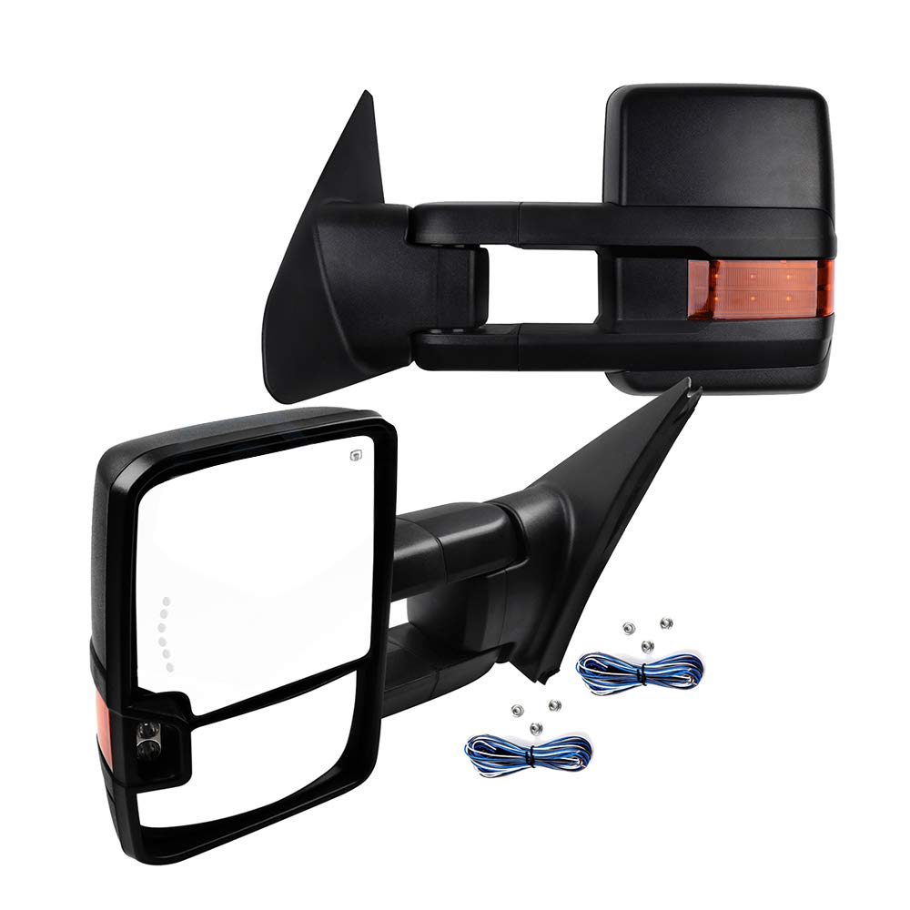 CCiyu Power-Adjusted Heated LED Towing Mirrors - Black LH Left & RH Right Side Compatible with 2007-2017 Toyota Tundra Truck | Auxiliary Light & Turn Signal | Enhanced Visibility for Towing & Night Driving
