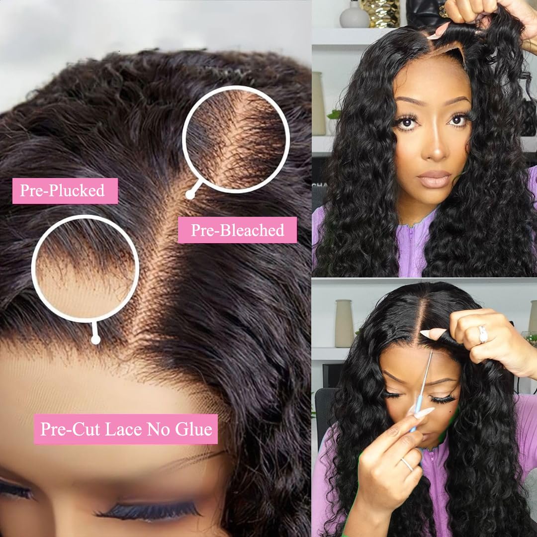 Natural Glueless Human Hair Wigs 26 Inch Water Wave Lace Front Wigs 180 Density 13x4 HD Lace Pre-Plucked No Glue Needed - Perfect for Daily Wear, Parties & Special Occasions