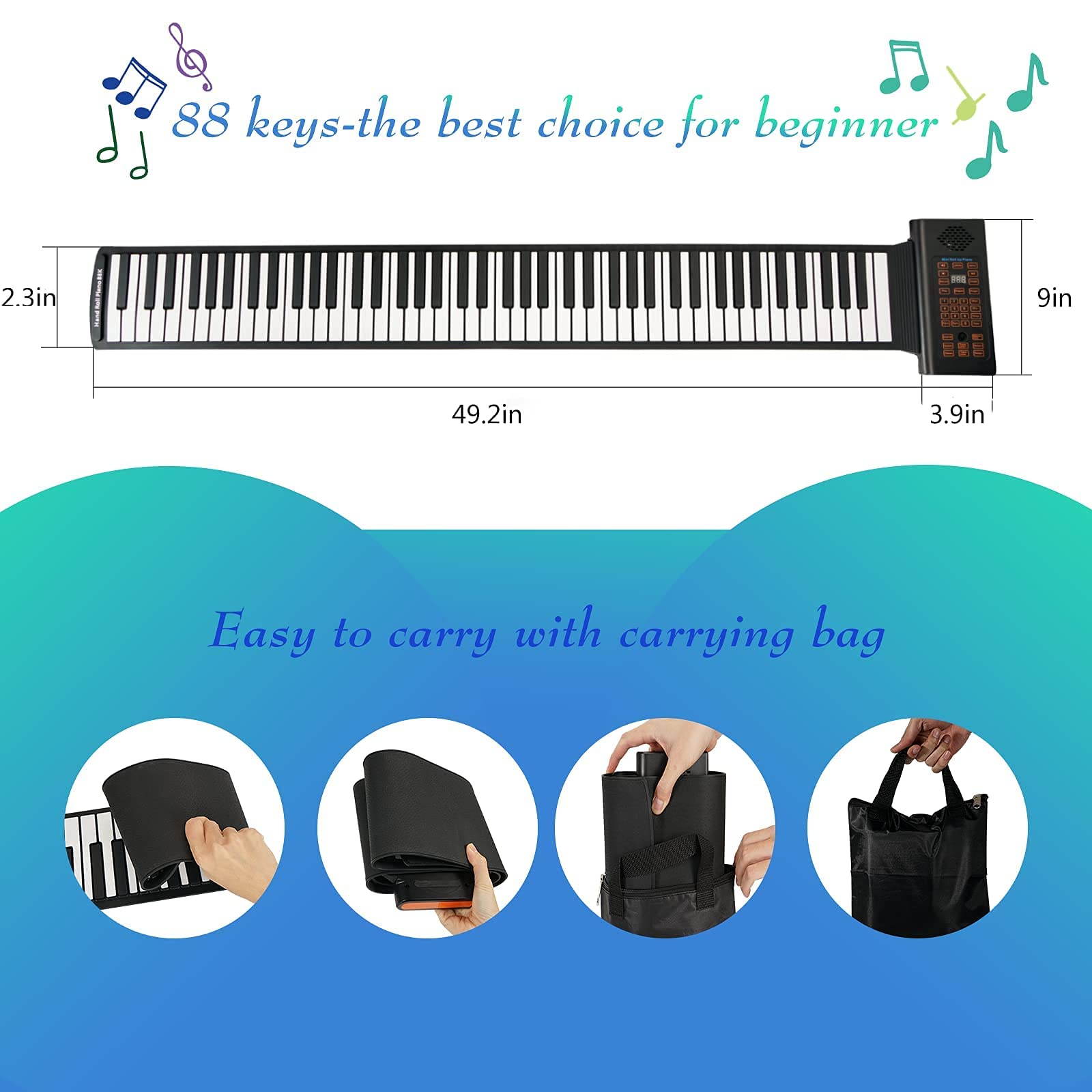 88-Key Roll Up Piano Keyboard - Portable & Foldable Electronic Piano with Storage Bag for Kids & Adults - Perfect for Travel, Home Practice & Music Learning
