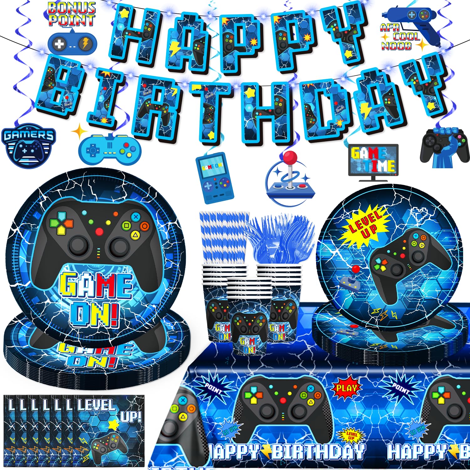 159-Piece Video Game Birthday Party Decorations Set - Includes Banner, Plates, Tablecloth & More - Gamer Themed Party Supplies for Boys - Serves 25 Guests - Blue - Perfect for Gaming Birthday Parties, Streamer Events & Esports Celebrations