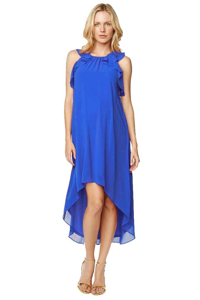 Maternal America Ruffle Chiffon Hi-Lo Maternity Dress for Pregnancy - Flowy Elegant Formal & Casual Wear for Baby Showers, Weddings & Special Occasions