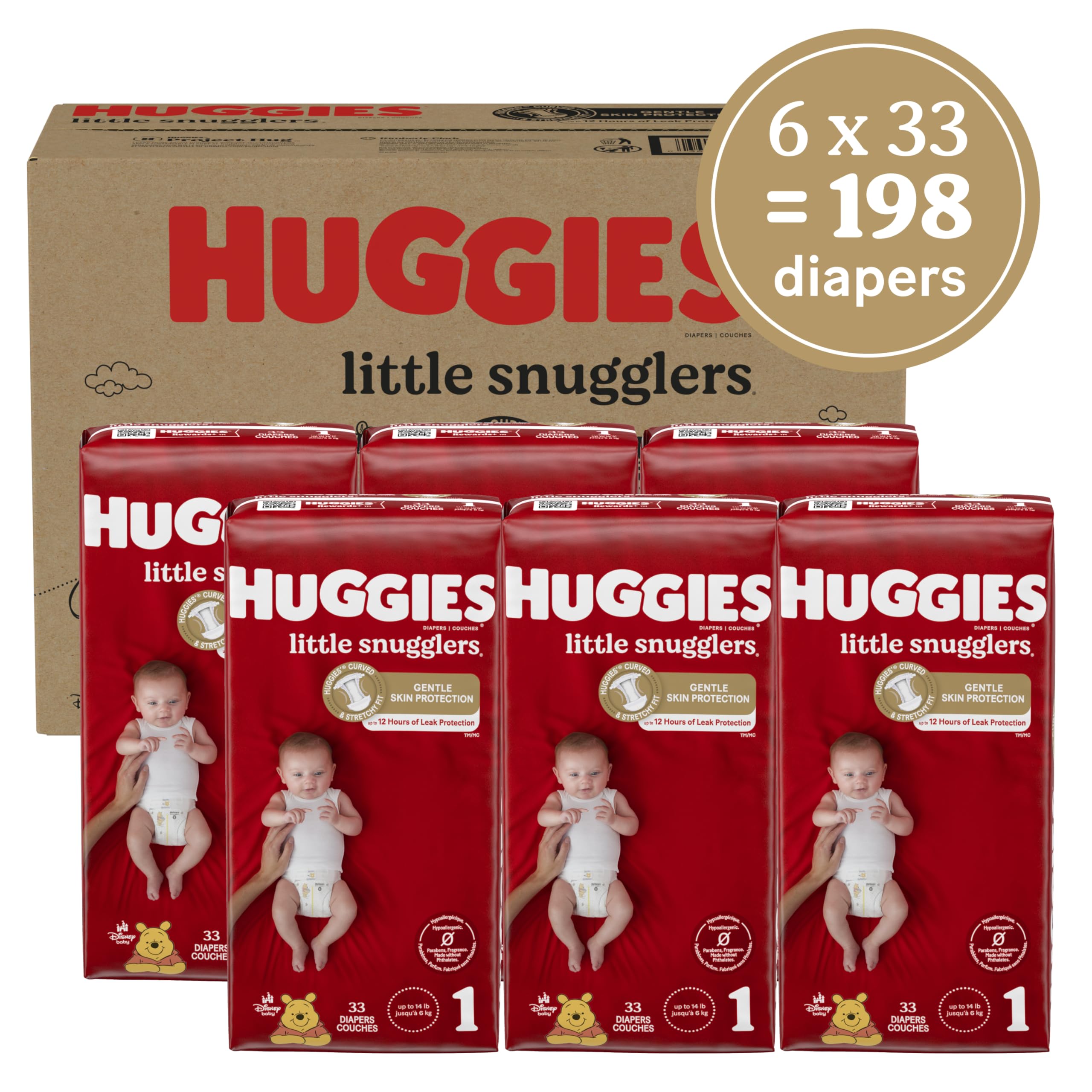 Huggies Little Movers Size 3 Disposable Baby Diapers - 156 Count (1 Month Supply) & Little Snugglers Size 1 Diapers - 198 Count | Ultra Absorbent, Leak Protection | Perfect for Daycare, Overnight Use & Travel | Packaging May Vary