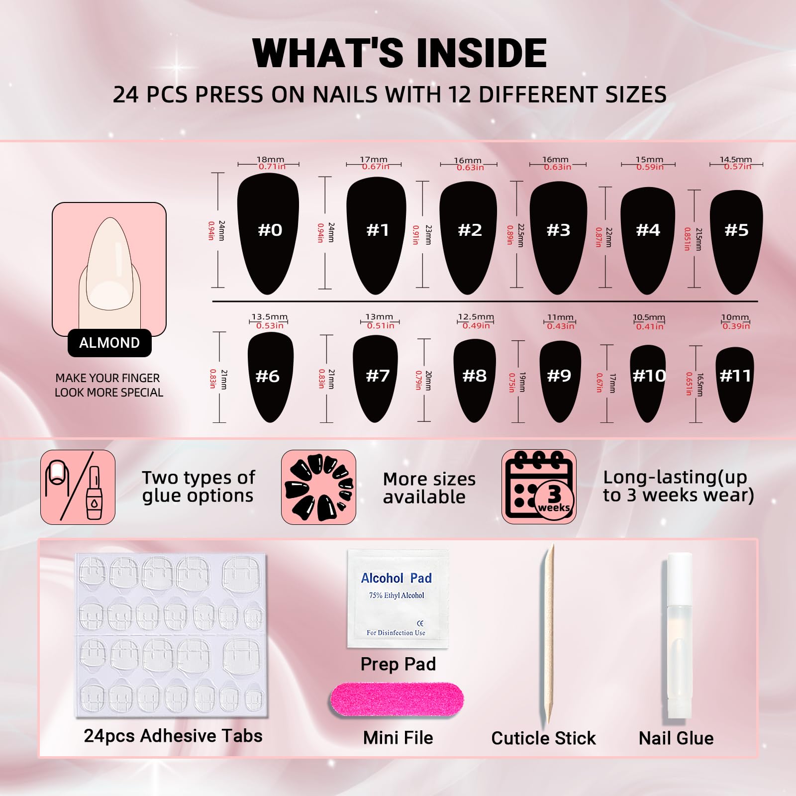9D Glitter Dark Grey Almond Press on Nails with Purple Glitter Design - 24 Pcs Salon Quality Magnetic Gel Nails Kit in 12 Sizes | Handmade Fake Nails for Parties, Weddings & Special Occasions