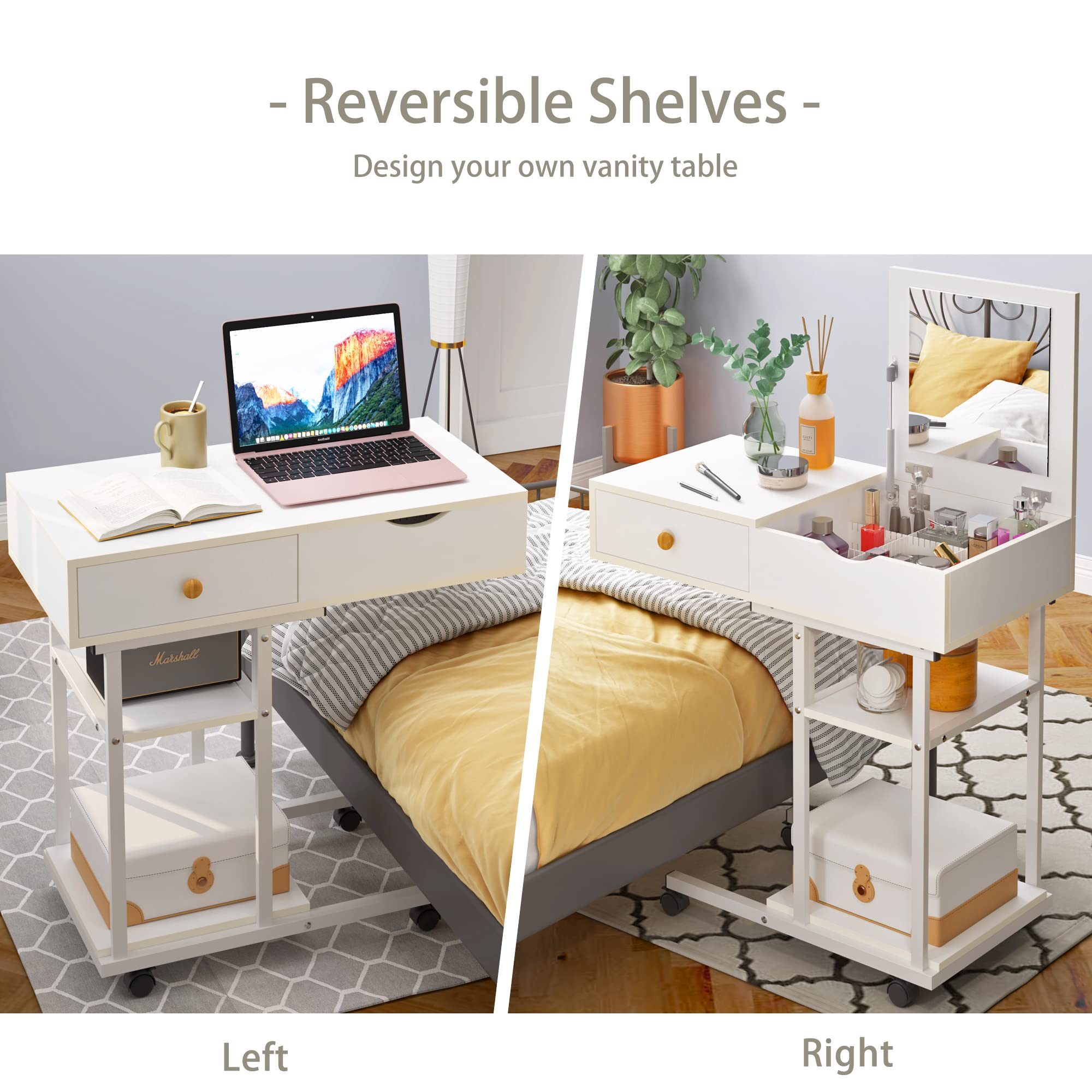 Elephance Adjustable Vanity Desk with Mirror - Compact Makeup Dressing Table & Computer Desk with Storage Drawers & Shelves for Small Bedrooms | Perfect for Daily Beauty Routine & Home Office Workspace
