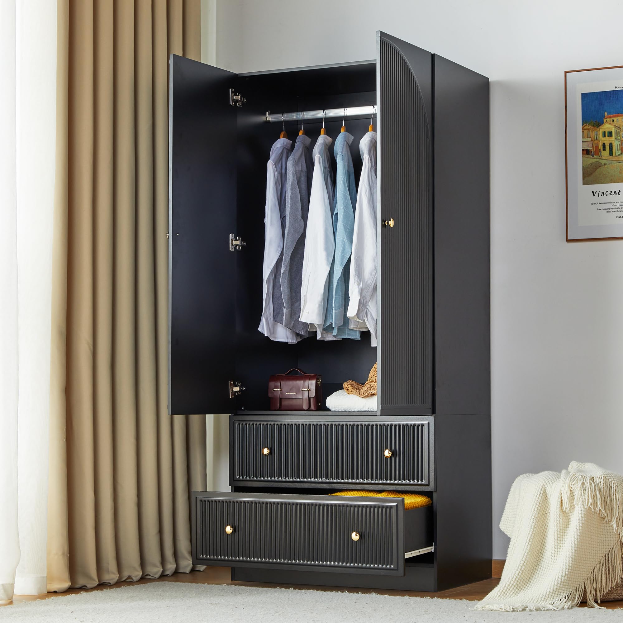 ORRD 2-Door Freestanding Armoire Wardrobe Closet - Large Capacity Wooden Storage Cabinet with 2 Drawers for Bedroom, Black | Perfect for Organizing Clothes, Blankets & Seasonal Items in Small Spaces
