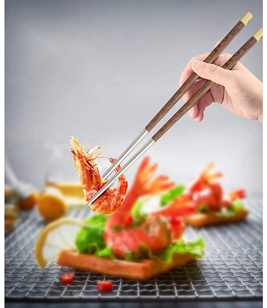 Premium Reusable Metal and Wooden Chopsticks Set - 5 Pairs Food Grade Stainless Steel & Wood Chopsticks for Sushi, Noodles, Rice - Non-Slip, Dishwasher Safe, 25cm/9.2