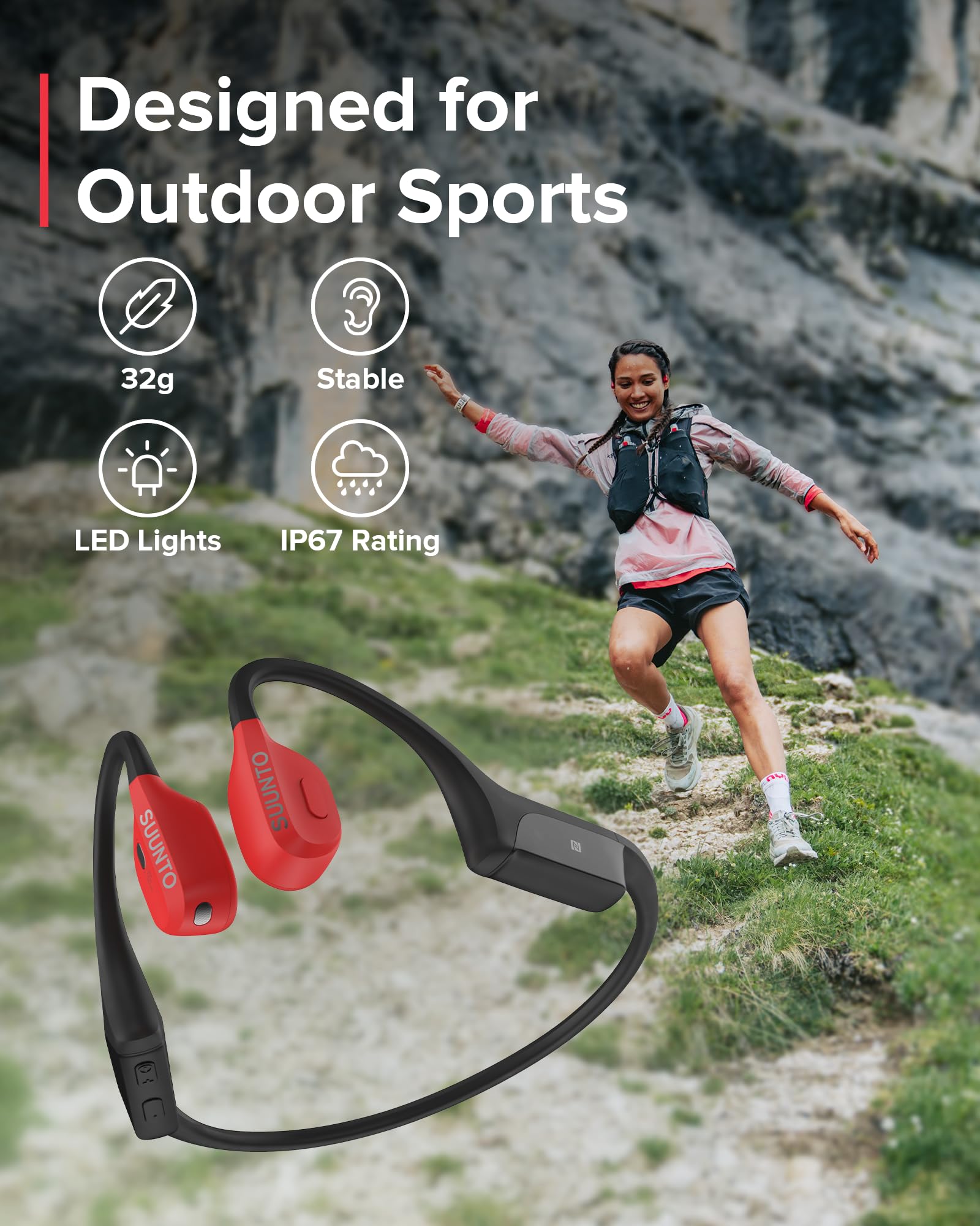 SUUNTO Wing Open-Ear Bone Conduction Headphones with Built-in HD Microphone, IP67 Sweatproof & Waterproof, Safety LED Lights, Bluetooth 5.2, 10-Hour Playtime + 20 Extra Hours with Charging Stand - Perfect for Running, Cycling, Workouts & Outdoor Activities