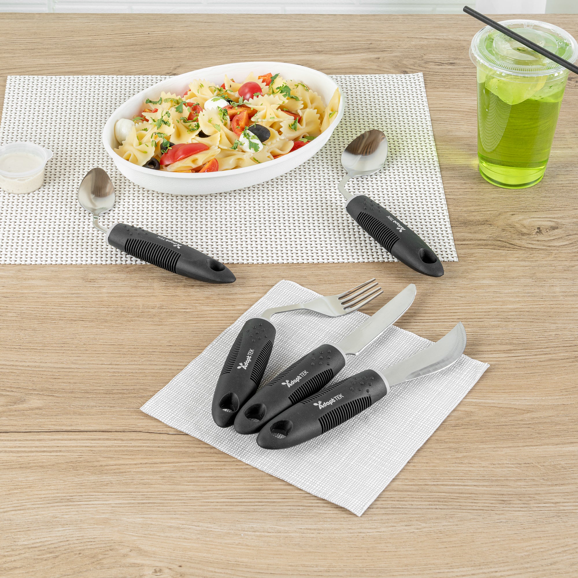 Adapt Tek Black Stainless Steel 5-Piece Adaptive Offset Utensil Set for Left-Handed Users - Lightweight, Non-Slip Grip, Ergonomic Design - Ideal for Arthritis, Limited Mobility & Elderly Care (1 Count) - Perfect for Cooking, Dining & Assisted Living