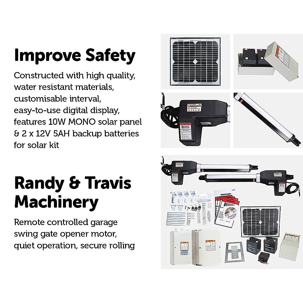 1000KG 10W Solar Powered Double Swing Automatic Gate Opener with Remote Control - Perfect for Driveway, Farm, and Ranch Security Gates
