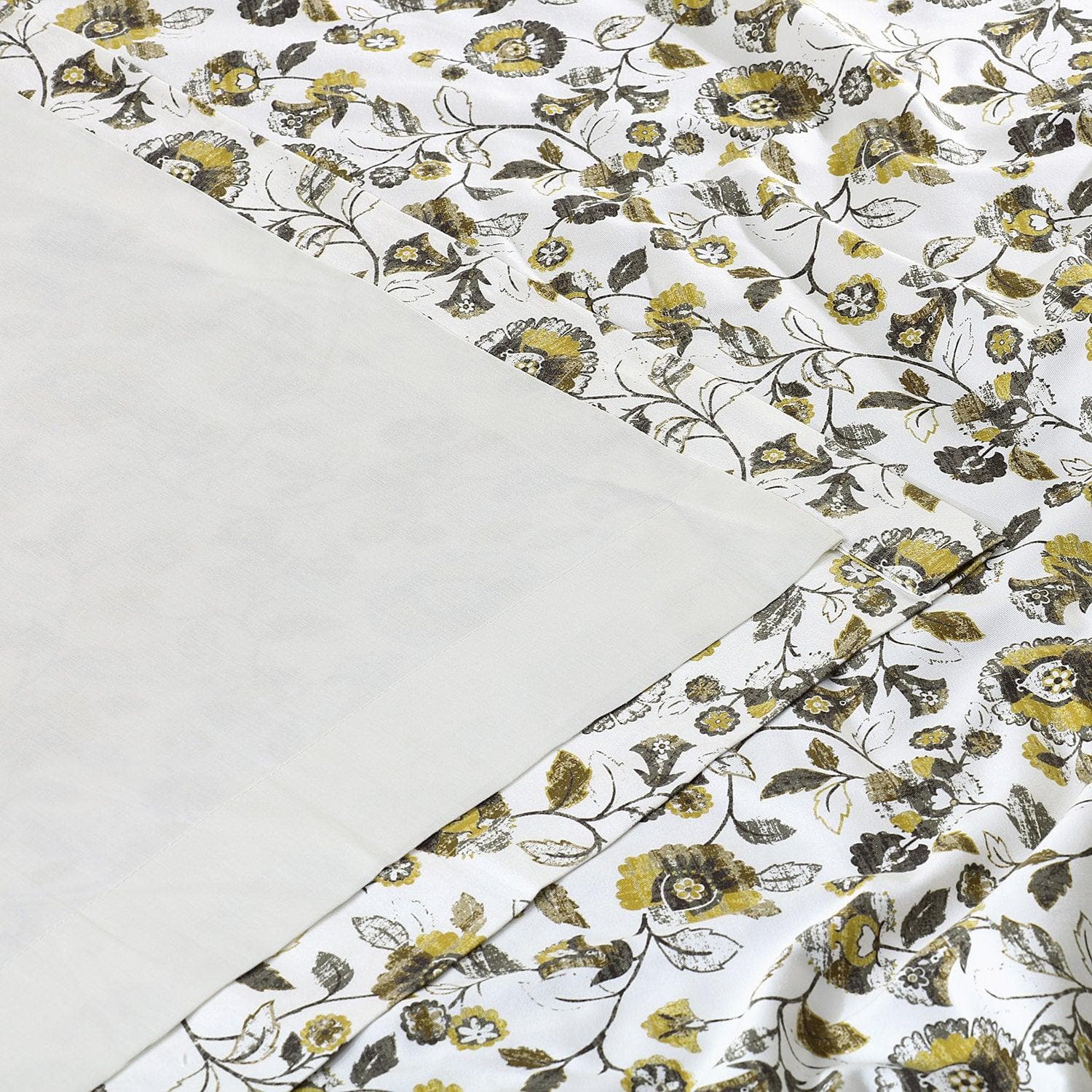 Madison Gold & Grey Floral Printed Cotton Blackout Curtains for Bedroom & Living Room - Light Blocking Window Drapes for Home Decor & Privacy