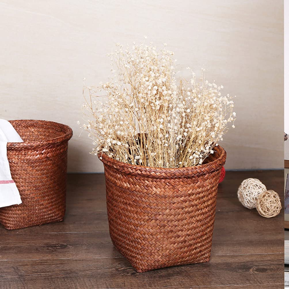 PATKAW Round Woven Waste Basket - 1PC Straw Wicker Trash Can for Office, Laundry Room & Home Decor | Eco-Friendly Storage Bin for Plants, Waste Paper & Clothing | Perfect for Farmhouse, Boho & Coastal Style Decor