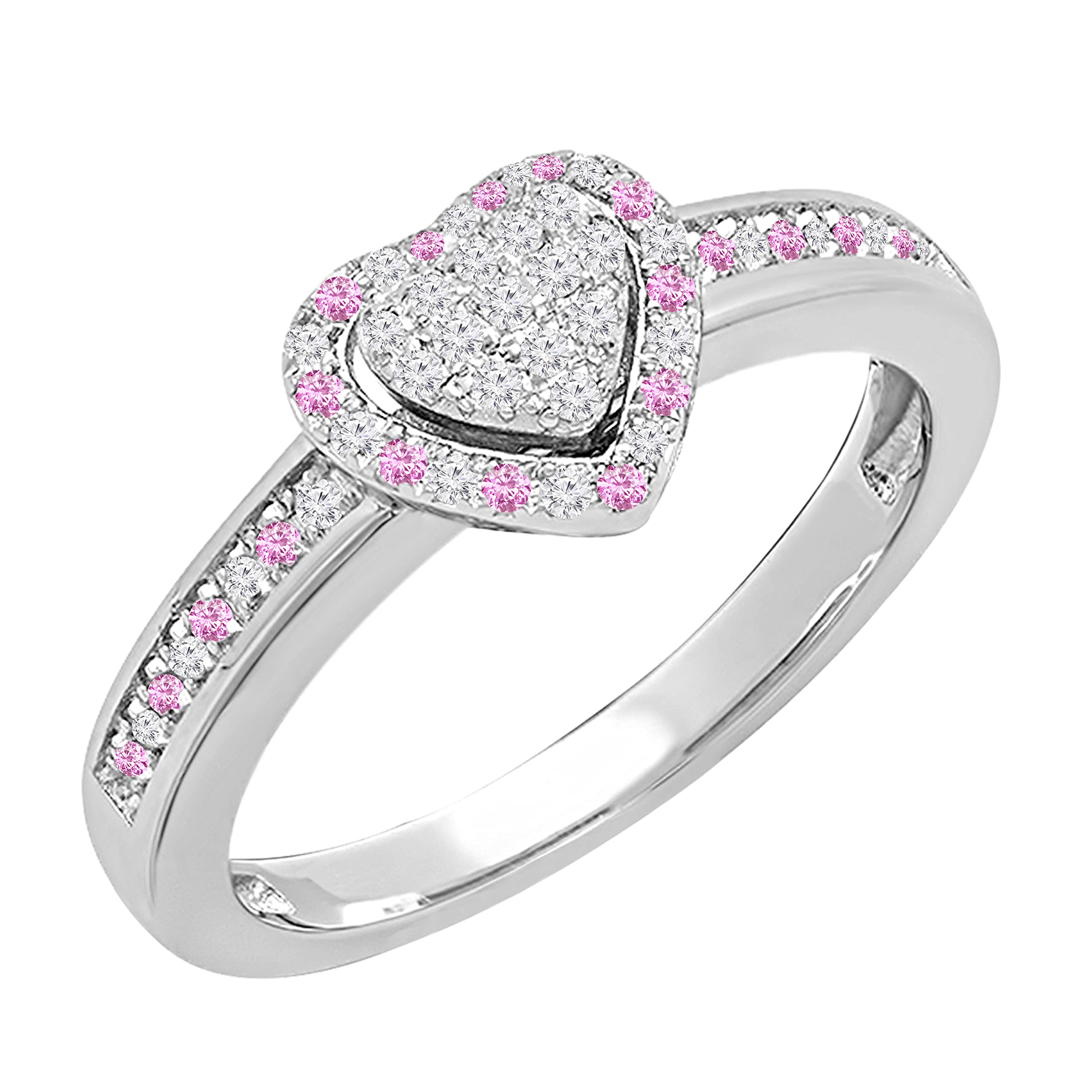 Dazzlingrock Collection 925 Sterling Silver Round Pink Sapphire & White Diamond Double Heart Halo Engagement Ring for Women - Perfect for Proposals, Anniversaries & Romantic Occasions