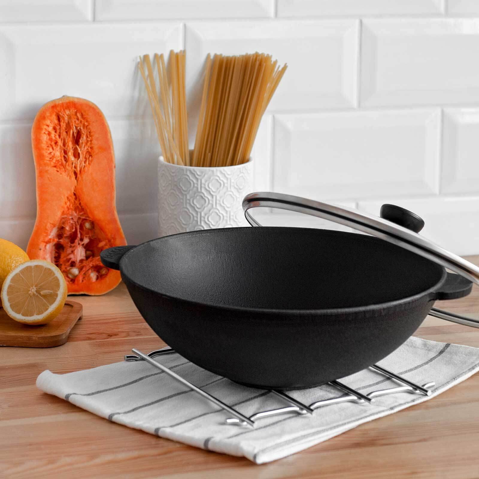 4BIG.fun 4.7L Cast Iron Wok Pan - 30cm Diameter for Stir-Frying, Deep Frying & Asian Cooking - Perfect for Home Kitchen & Outdoor Camping