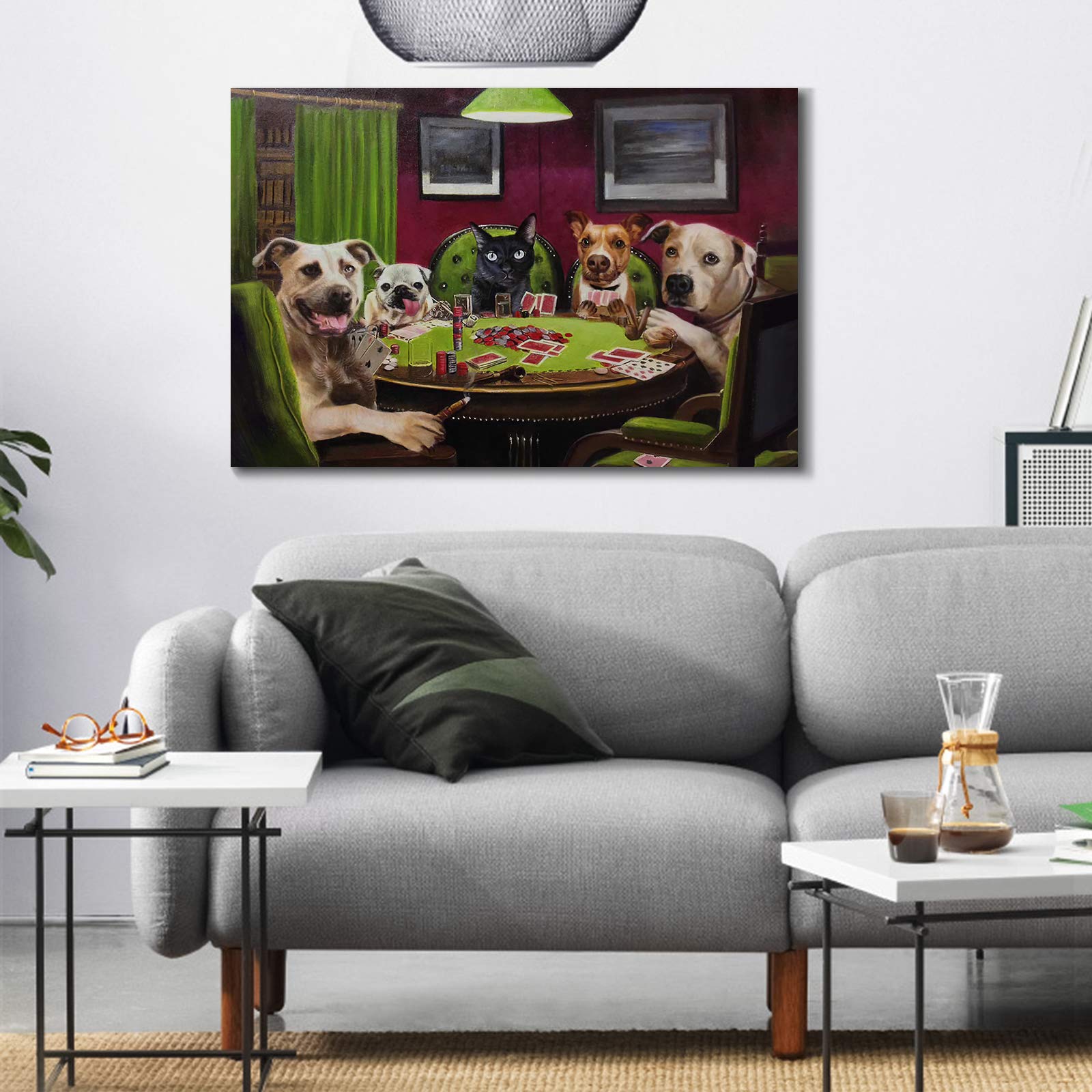 Denozer - Dogs Playing Poker by Cassius Marcellus Coolidge Oil Painting Reproduction - Premium Giclee Canvas Print Wall Art - Ready to Hang Gallery Wrapped - 48x32 Inches - Perfect for Game Room, Man Cave & Home Theater Decor