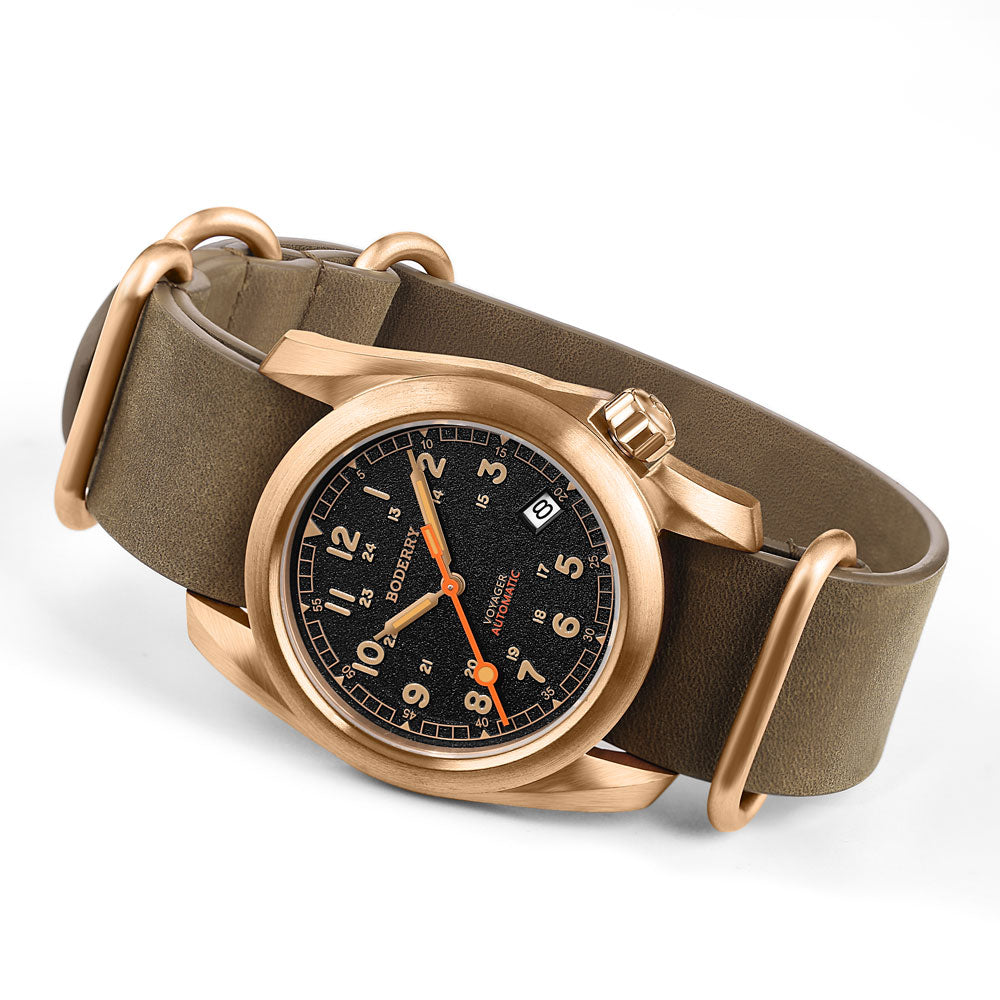 VOYAGER 100M Waterproof Bronze Automatic Field Watch for Men - Military Style Black Dial with Date Window | Outdoor Hiking, Camping, Adventure Sports