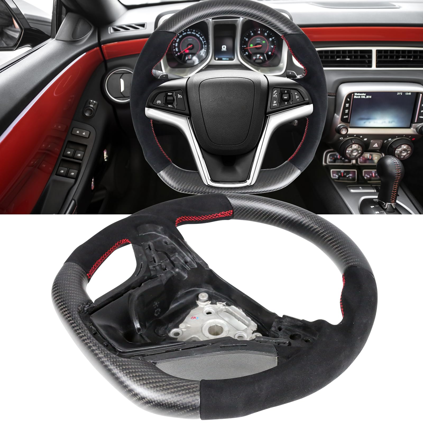 IKON MOTORSPORTS Steering Wheel for 2012-2015 Chevy Camaro - Matte Carbon Fiber & Synthetic Suede Design with Red Stitching - Upgrade Your Ride for Sporty Driving & Enhanced Grip
