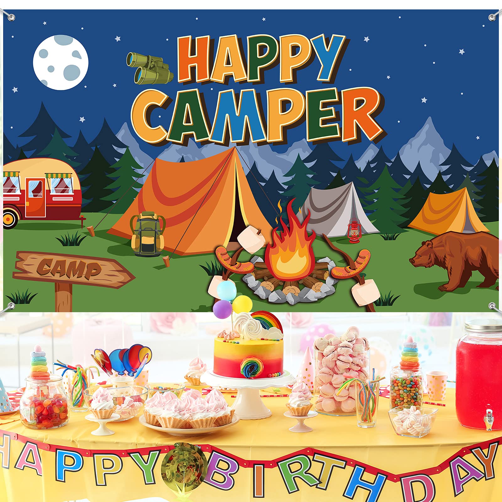 Happy Camper Banner - 70.8x43.3 Inch Camping Party Decor for Kids & Baby Showers