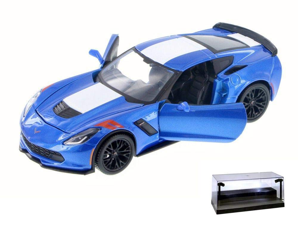 1/24 Scale Maisto 34516 Diecast Model Car - 2017 Chevrolet Corvette Grand Sport in Blue with LED Display Case | Collectible Toy Car for Adults & Kids | Perfect for Home Decor, Office Display, and Car Enthusiast Gifts