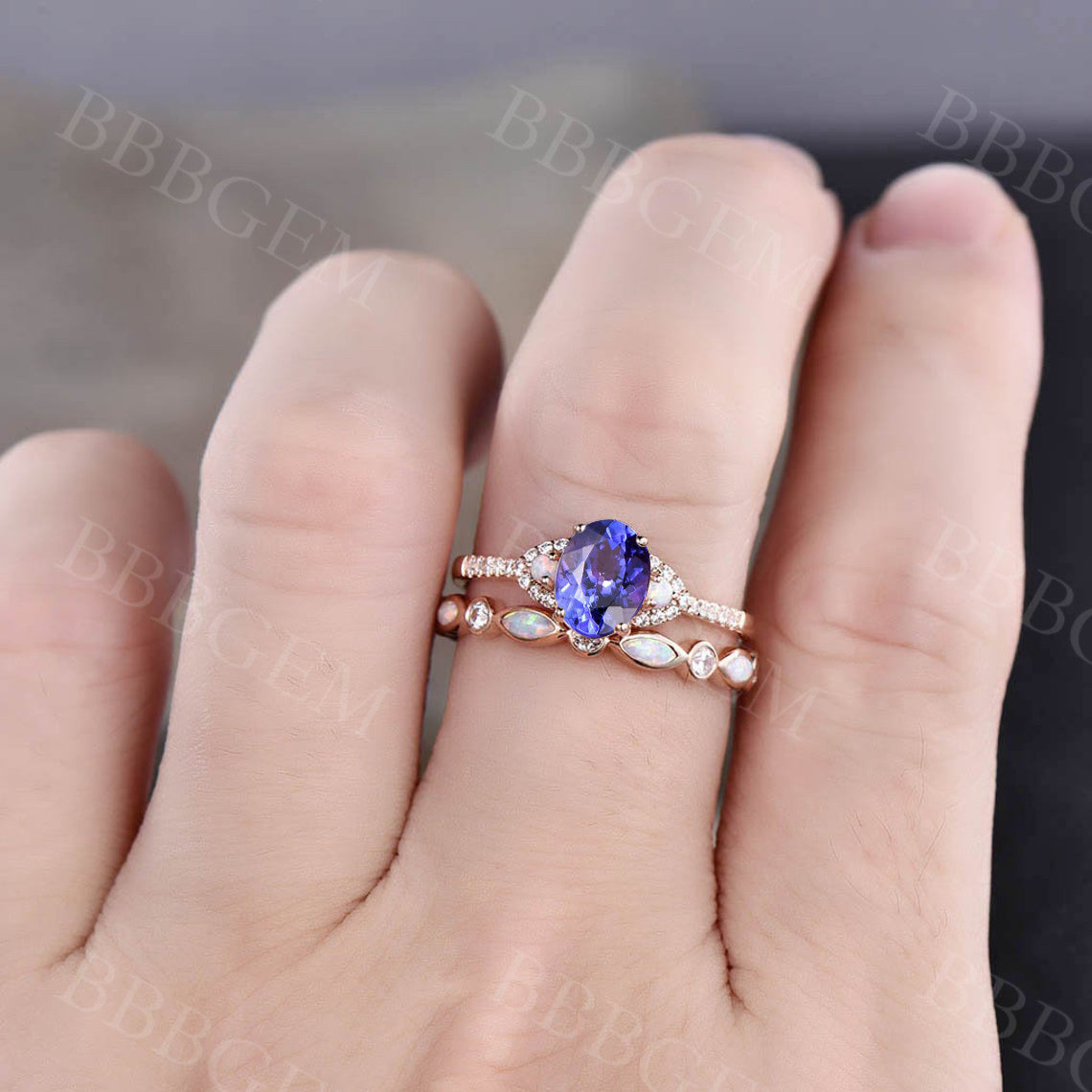 Exquisite Tanzanite & Opal Art Deco Wedding Ring Set - Matching Engagement & Band for Women - Perfect for Bridal, Anniversary & Special Occasions